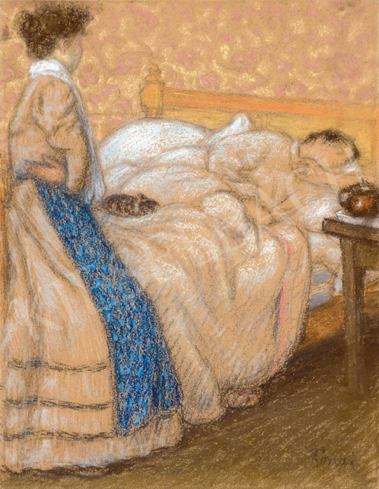 Rippl-Rónai, József - Early Morning (Blue Apron, Cat, Flowery, Wallpaper), c. 1900 painting
