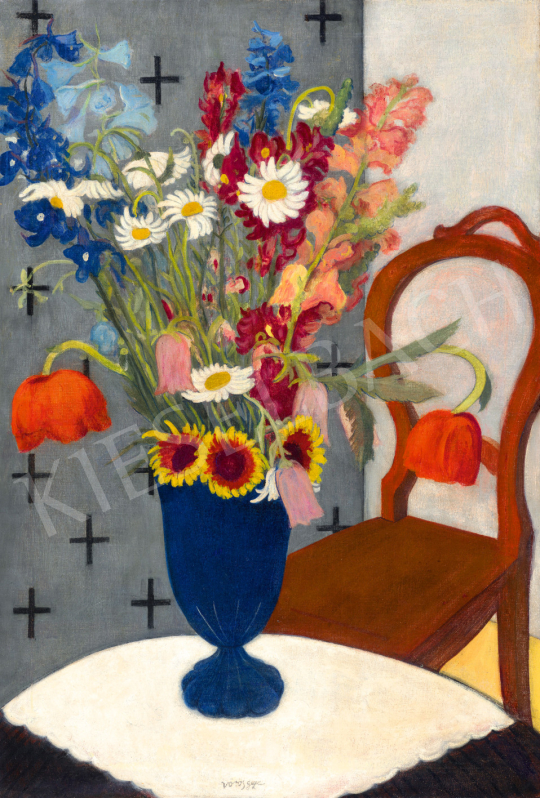 Eladó  Vörös Géza - Art deco csendélet kék vázával, 1930-as évek festménye