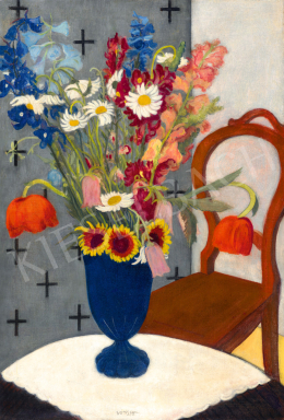  Vörös Géza - Art deco csendélet kék vázával, 1930-as évek 