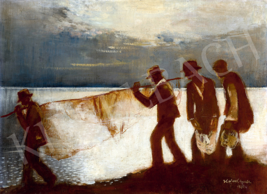 Halvax, Gyula - Evening Fishing on Lake Balaton (Full Moon), 1934 painting