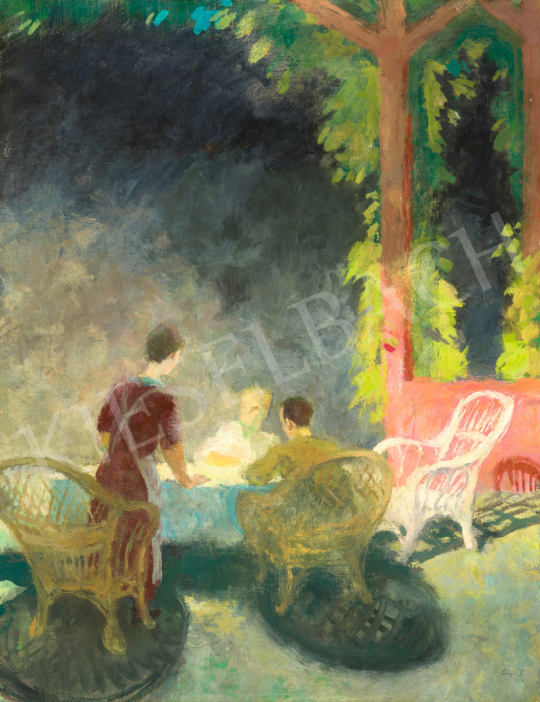  Szőnyi István - Vacsora a zebegényi verandán (Esti fények), 1950 festménye