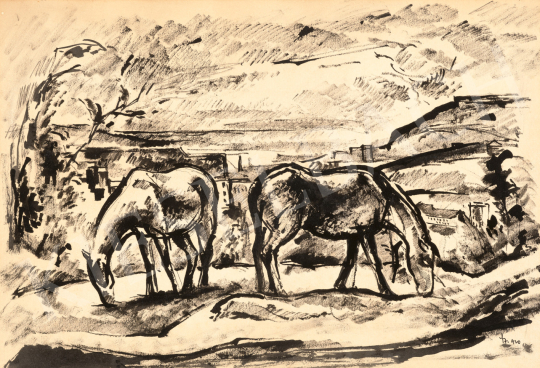  Szőnyi István - Legelő lovak szénakazallal, 1920 festménye