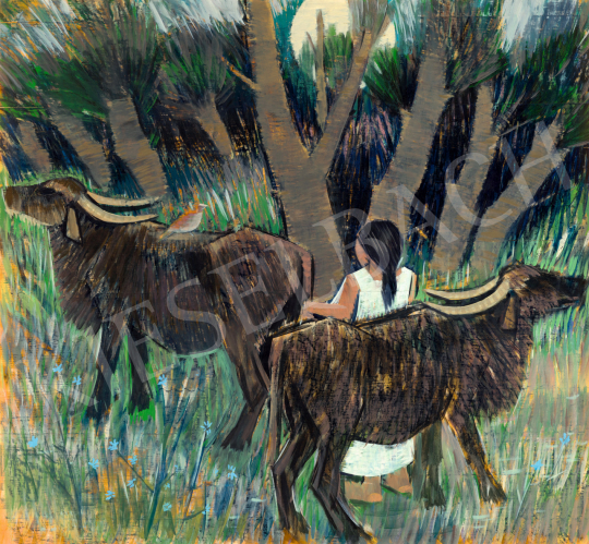Eladó  Németh József - Álldogáló bivalyok teliholdnál festménye