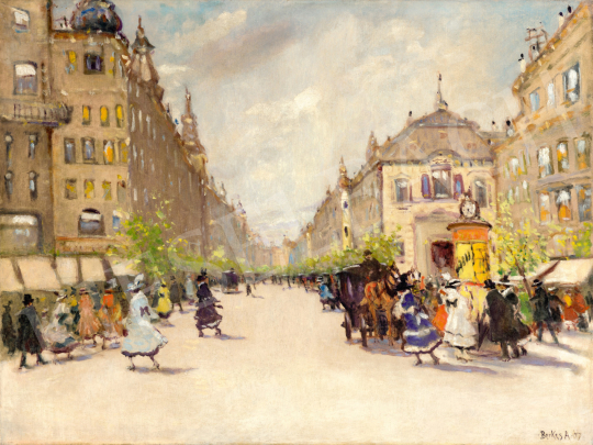  Berkes Antal - Utcai forgatag konflissal és hirdetőoszloppal, 1917 festménye