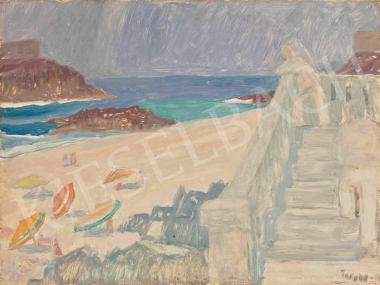 Eladó Jakuba János - Mediterrán tengerpart (Lépcsőn felfelé sétáló alak), 1960-as évek festménye