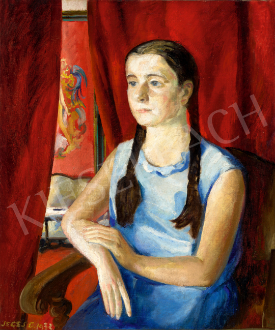 Jeges Ernő - Római műteremben (Fiatal lány vörös drapéria előtt), 1932 | 74. Tavaszi aukció aukció / 182 tétel