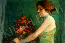  Ismeretlen magyar festő, 1910 körül - Fiatal lány virágcsokorral 