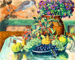  Vörös, Géza - Flower Still Life with Autumn Fruits and Hummingbird Tapestry, 1939 