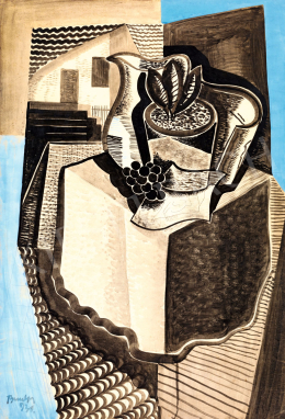  Bene Géza - Art deco csendélet szőlővel és mintás terítővel, 1931 