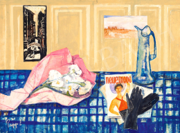  Papp Zoltán - Csendélet magazinnal és virágcsokorral, 1967 