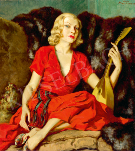  Megyesi, Antal (Shwartz Antal) - The Blonde Demon (Lady in a Red Dress with Fur in the Background), 1937 | 77th Spring Auction auction / 104 Lot