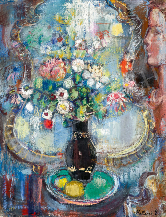Mattioni, Eszter (Hollósné, Hollós Mattioni E - Young Girl in front of Mirror (Flowers of Spring), c. 1940 | 77. tavaszi aukció auction / 178 Lot