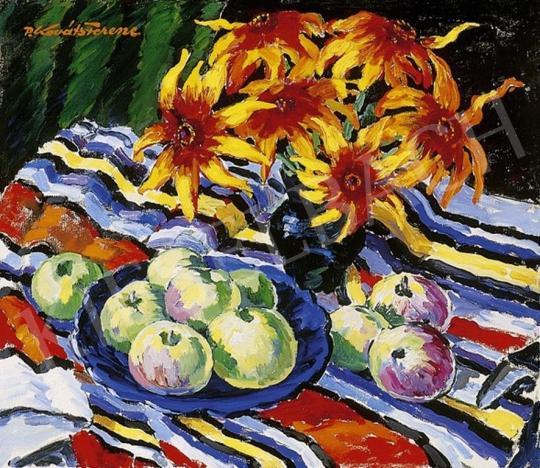 P. Kováts, Ferenc - Still Life with Apples and Flowers on Colourful Tablecloth | 4th Auction auction / 42 Lot