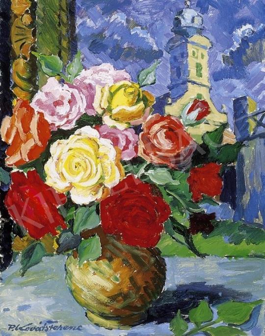 P. Kováts, Ferenc - Still Life with a Bunch of Roses, view from the window of the artist's studio in Nagybánya | 4th Auction auction / 44 Lot