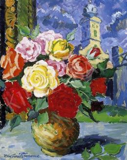 P. Kováts, Ferenc - Still Life with a Bunch of Roses, view from the window of the artist's studio in Nagybánya 