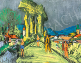  Jándi Dávid - Nagybányai táj a Zazar-parttal háttérben a református templommal és az István-toronnyal, 1943 