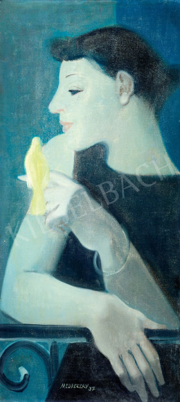 Medveczky Jenő - Fiatal lány sárga kismadárral, 1937 