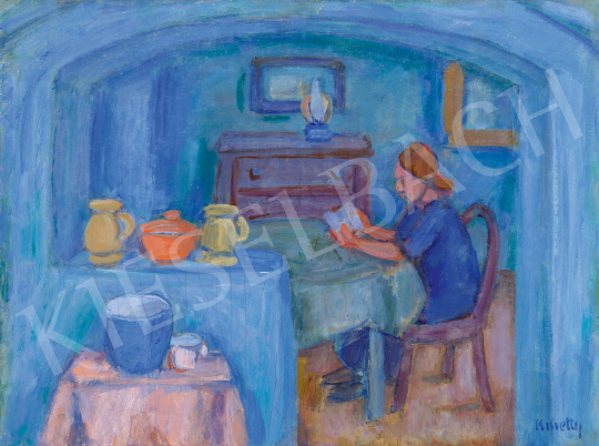  Kmetty János - Olvasó fiatal lány szobában (A kék szoba), 1930-as évek | 78. őszi aukció aukció / 36 tétel