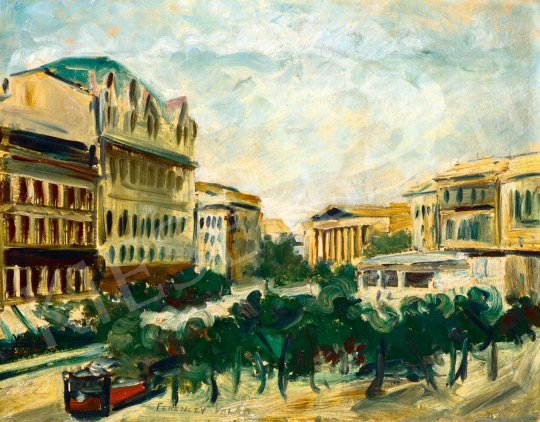  Ferenczy Valér - Múzeum körút piros villamossal háttérben a Nemzeti Múzeummal, 1930 körül | 78. őszi aukció aukció / 46 tétel