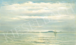 Rácz, Kálmán - Lake Balaton Skyline with Badacsony Hill in the Background with Sailiboat, 1956 