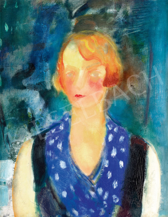  Márffy Ödön - Csinszka kék pöttyös blúzban, 1930 körül | 78. őszi aukció aukció / 80 tétel