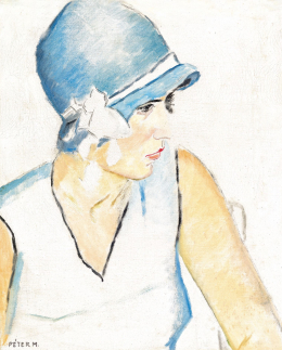 Péter Mária - Fiatal lány kék art deco kalapban, 1930-as évek 