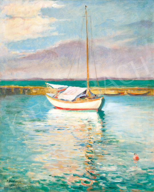  Hadzsy Olga - Balatoni kikötőben horgonyzó vitorlás (Tükröződés), 1931 | 78. őszi aukció aukció / 155 tétel