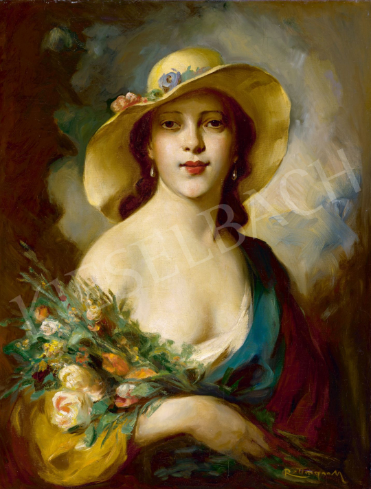 Rottmann Mozart - Kalapos nő frissen szedett virágokkal | 78. őszi aukció aukció / 237 tétel