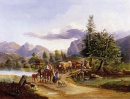 Ismeretlen osztrák festő, 19. század közepe - Átkelés a hídon 