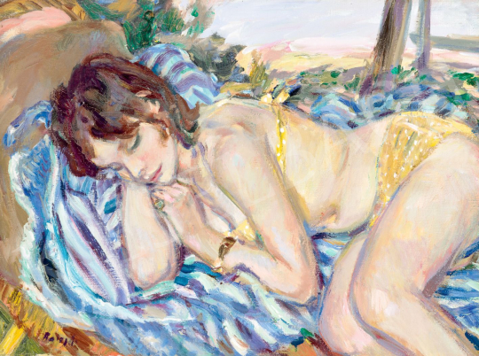 Balogh András - Pöttyös fürdőruhás pihenő lány a Balatonparton, 1970 körül | 79. téli aukció aukció / 18 tétel