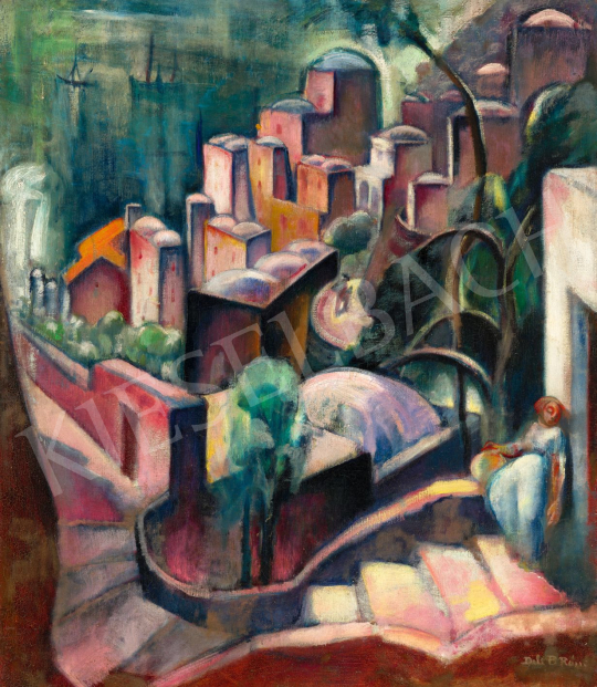  Deliné Bacher Rózsi - Itáliai város (Positano, háttérben vitorlásokkal), 1926 körül | 79. téli aukció aukció / 32 tétel