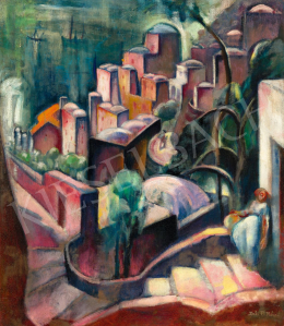  Deliné Bacher Rózsi - Itáliai város (Positano, háttérben vitorlásokkal), 1926 körül 