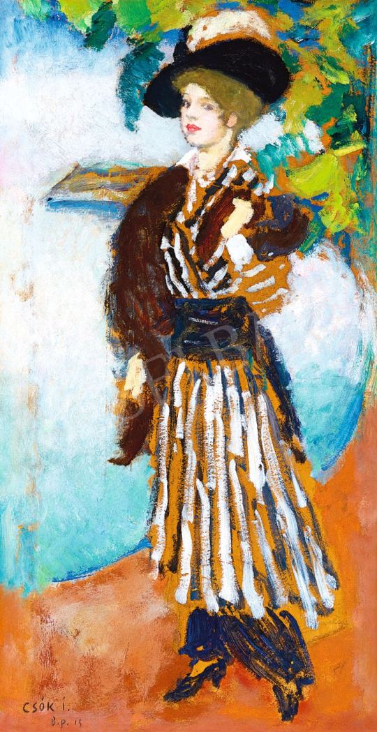  Csók, István - Young Lady in Striped Dress and Hat, 1913 | 79th Winter Auction auction / 41 Lot