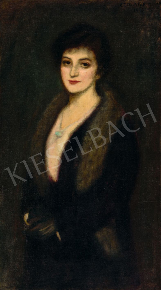  Czigány Dezső - Szőrmebundás hölgy türkiz medalionnal, 1916 | 79. téli aukció aukció / 87 tétel