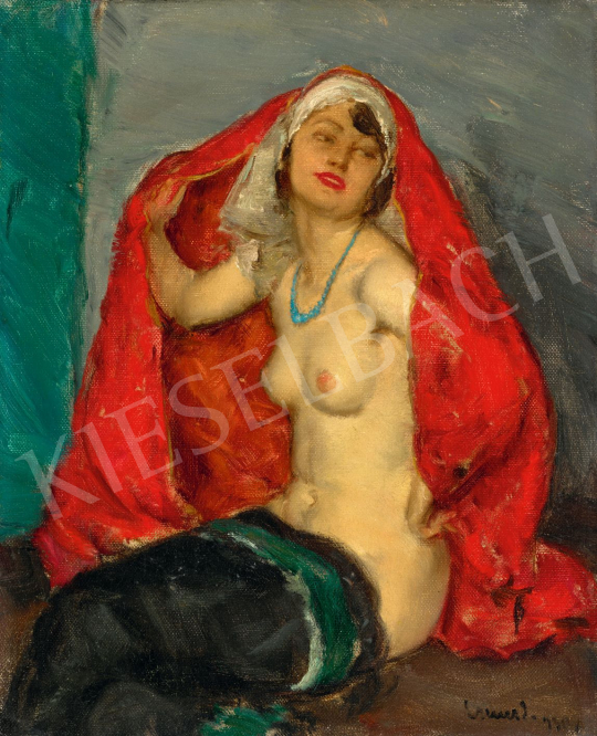  Czencz János - Kacér modell vörös kendővel és gyöngysorral, 1936 | 79. téli aukció aukció / 101 tétel