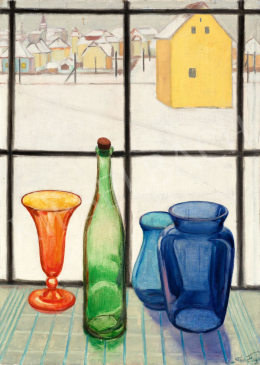  Némethy, Béla - Colorful Glasses and Bottles in the Window with Snow Covered City in the Background, c. 1930 