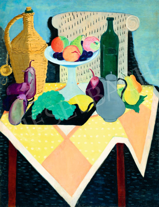  Vörös Géza - Art deco csendélet mintás abrosszal, 1930-as évek első fele | 79. téli aukció aukció / 168 tétel