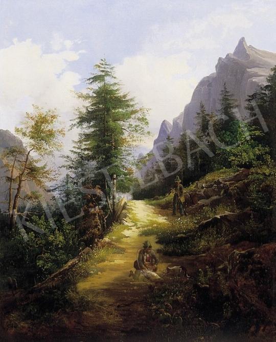 Ismeretlen osztrák festő, 1850 körül - Alpesi táj vadászokkal | 4. Aukció aukció / 148 tétel