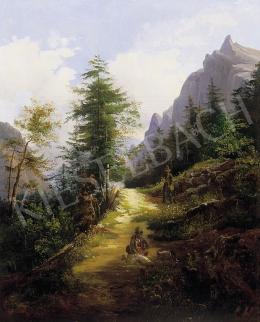 Ismeretlen osztrák festő, 1850 körül - Alpesi táj vadászokkal 