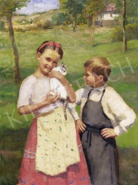 Áldor János László - Gyerekek cicával | 4. Aukció aukció / 184 tétel