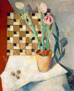  Mennyey Tina (Constanza Mennyey Capogrossi) - Tulipános csendélet dobókockákkal és sakktáblával, 1934 