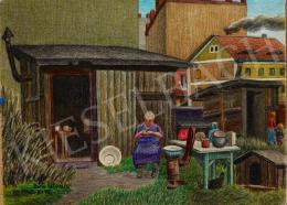 Buti István - Kunyhó előtt ülő asszony, 1940 