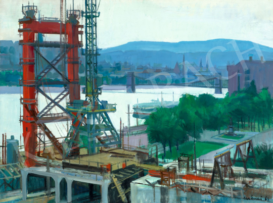 Mácsai István - Budapesti panoráma az Erzsébet híd építésével (Minimum), 1963 | 81. Őszi Aukció aukció / 2 tétel