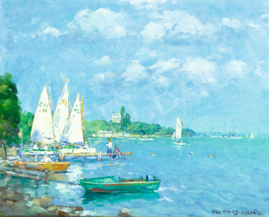 Halasi Horváth István - Balaton part vitorlásokkal, Tihany (Binnenjollék és 25-ös jolle), 1986 | 81. Őszi Aukció aukció / 25 tétel