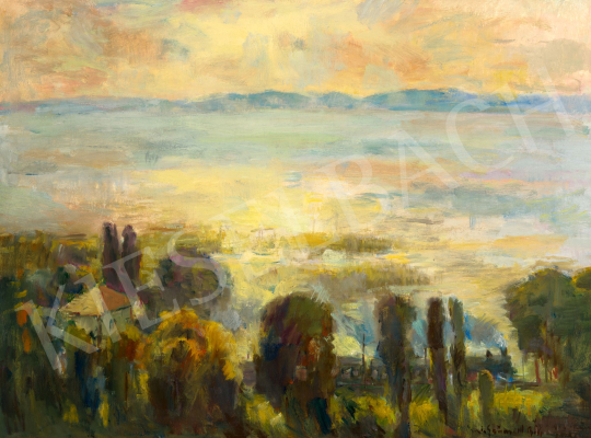  Iványi Grünwald Béla - A szikrázó Balaton Földvár felől előtérben vonattal, 1930-as évek | 81. Őszi Aukció aukció / 27 tétel