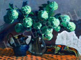  Endre Béla - Kék csendélet narancssárga-fekete pöttyös abroszon (Délutáni fények az asztalon), 1910 körül 