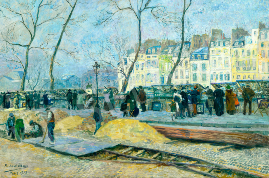  Richard Bloos - Párizsi Szajna-part (Őszi Szajna-part könyvárusokkal, háttérben a Pont Neuf-fel és az Ile de la Cité | 81. Őszi Aukció aukció / 152 tétel