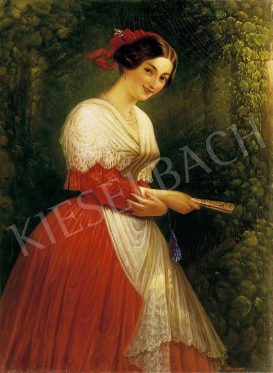 Hora János Alajos - Piros ruhás lány a lugasban legyezővel | 4. Aukció aukció / 270 tétel