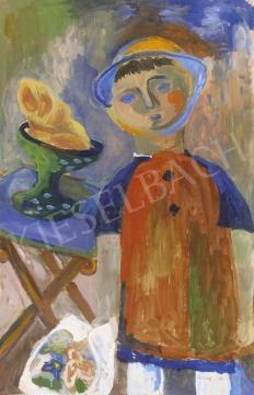  Anna Margit - Kisfiú gyümölcskosárral, kalapban virágcsokorral,megdőlt asztal előtt | 4. Aukció aukció / 275 tétel