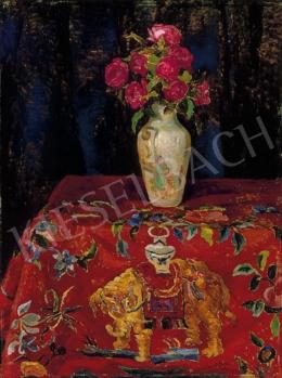 Körmendi-Frim, Ervin - Bunch of  Roses on an Elephant-Patterned Tablecloth 
